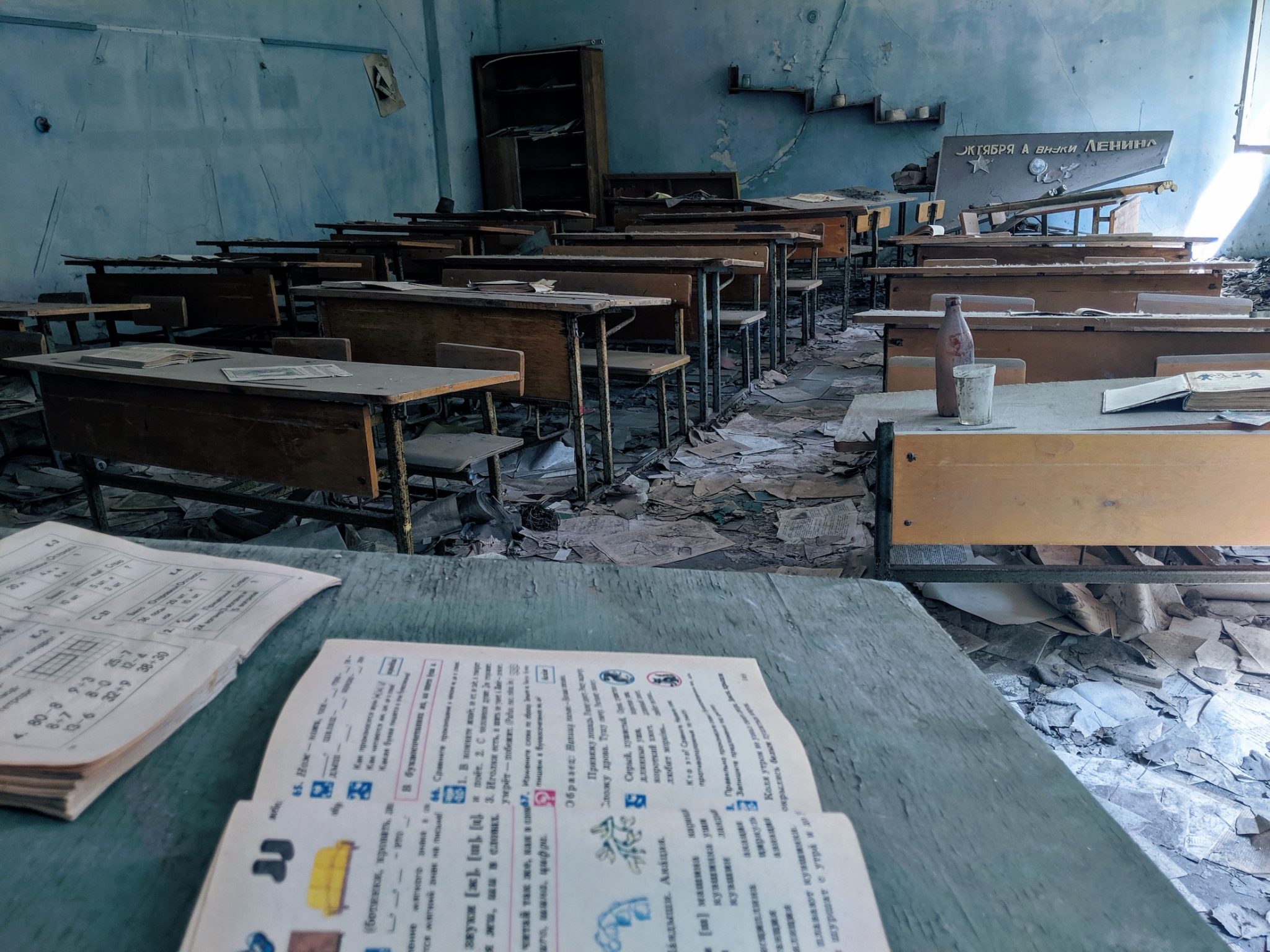 An abandoned classroom in Chernobyl exclusion zone.